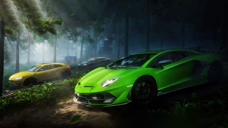 Lamborghini Aventador and Urus in a Forest