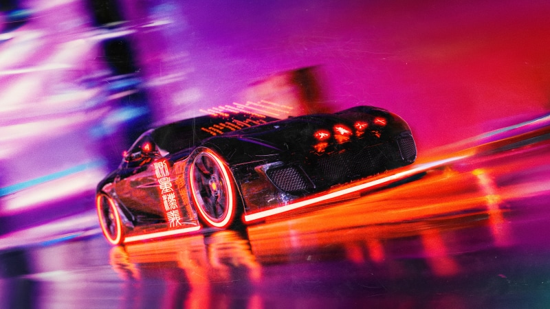 Cyberpunk car with neon lights and Japanese text