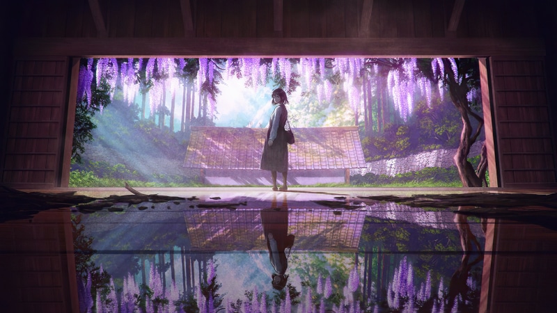 Anime girl standing in a traditional Japanese house with wisteria