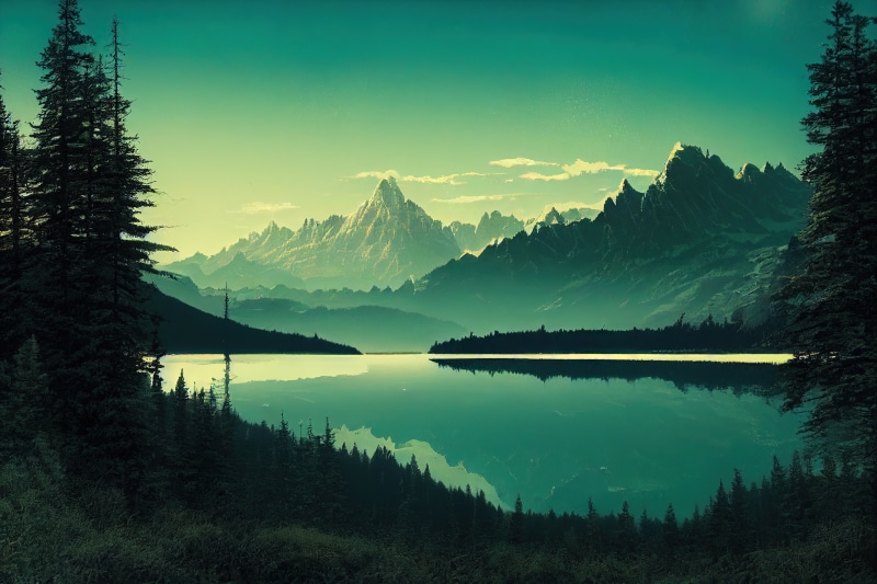 Lake landscape with mountains and trees 4K