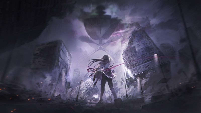 Anime girl in ruined city with giant structure in sky