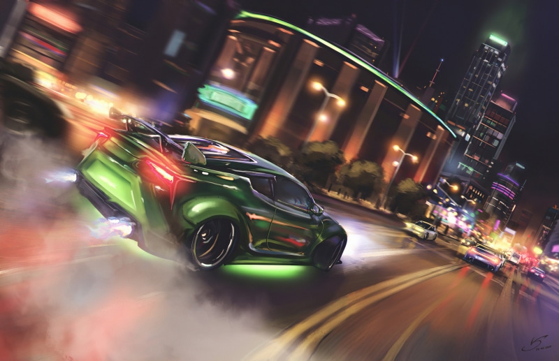 Green drifting car in a neon city at night