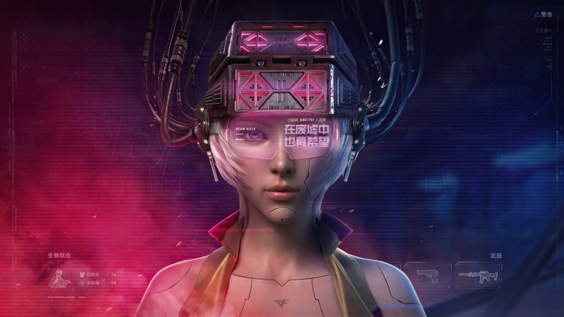 Cyberpunk woman with VR headset and wires