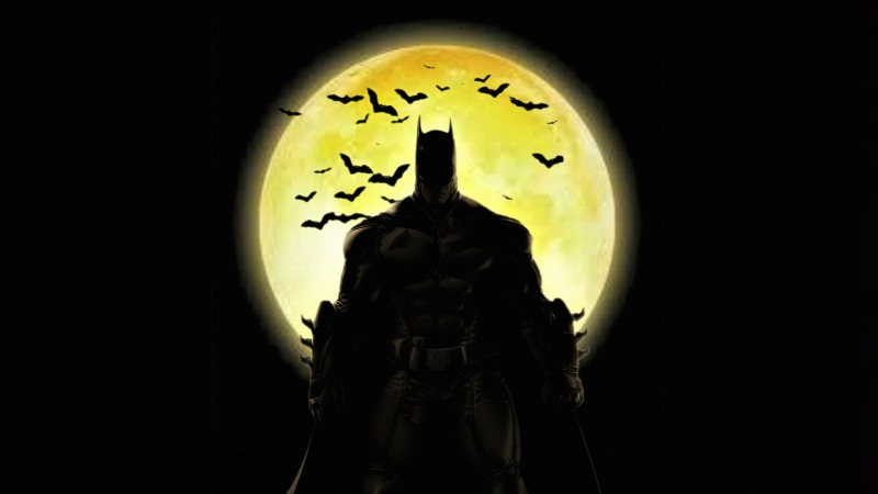Batman in front of a full moon with bats