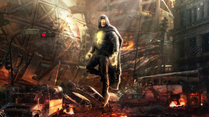 Black Adam in a destroyed city