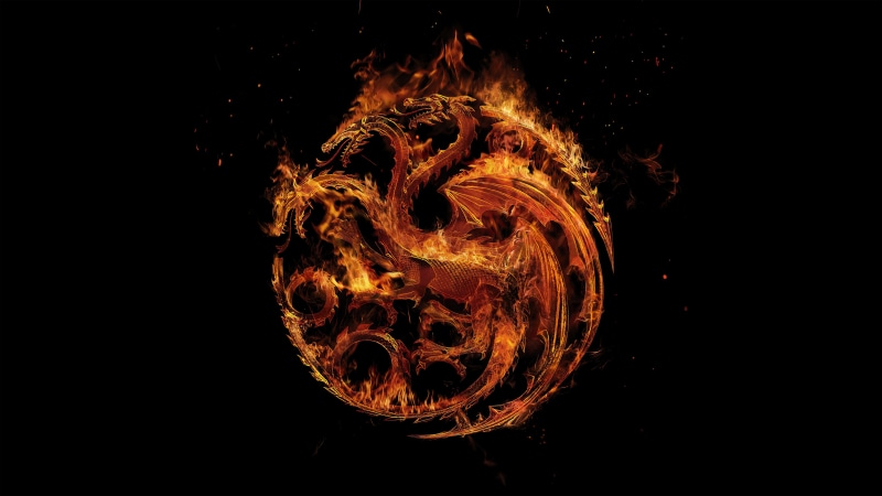 House of the Dragon three-headed dragon logo on fire