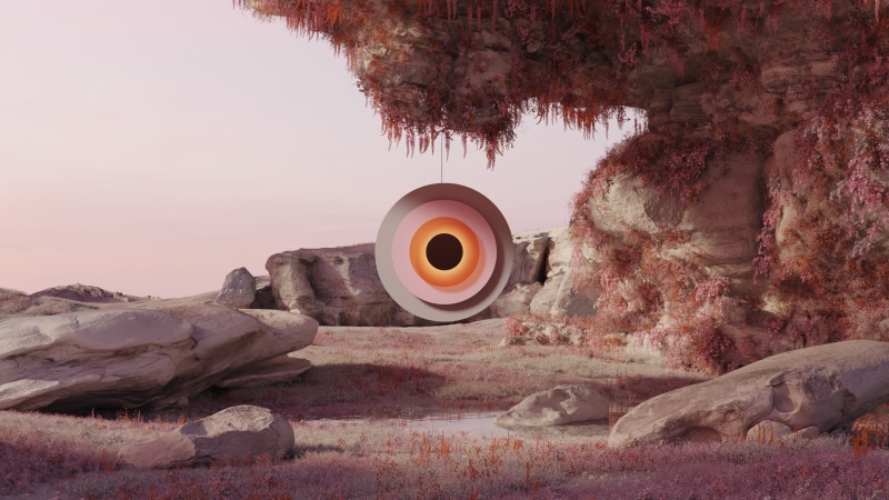 Surreal landscape with hanging concentric circles