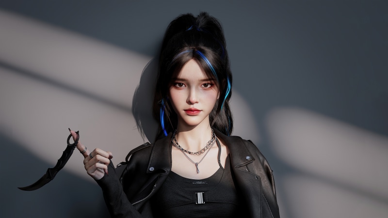 Asian girl with blue hair streaks holding a karambit