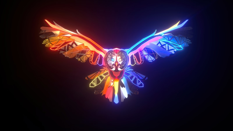 Digital art of a colorful owl with neon lights