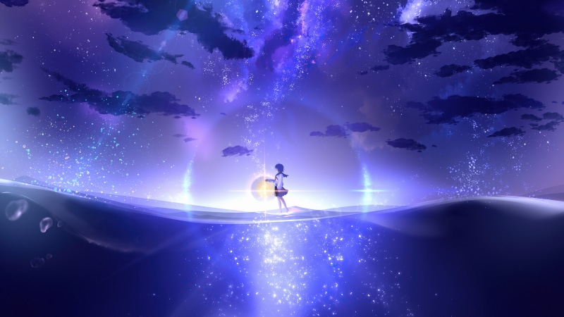 Anime girl standing on water under starry sky