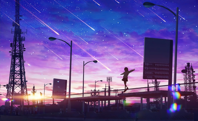 Anime girl walking on a railing under a meteor shower