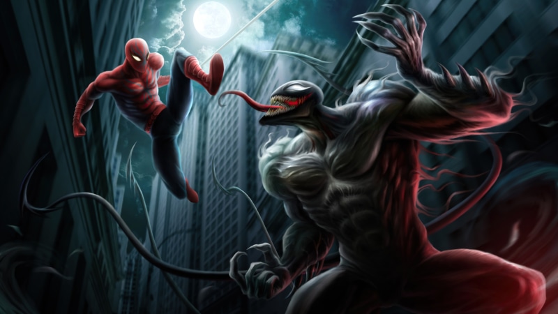 Spider-Man vs. Venom in a city at night