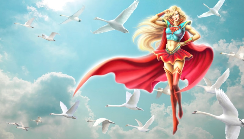 Supergirl surrounded by swans in the sky