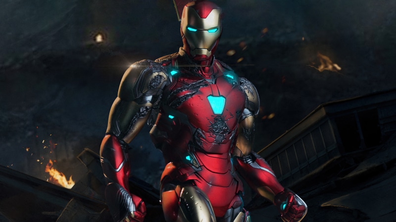 Iron Man in damaged armor with glowing blue lights
