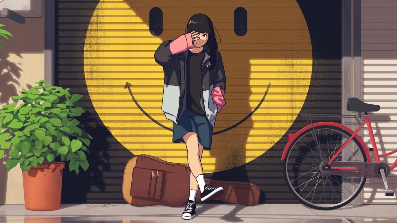 Anime girl with guitar case in front of smiley face garage