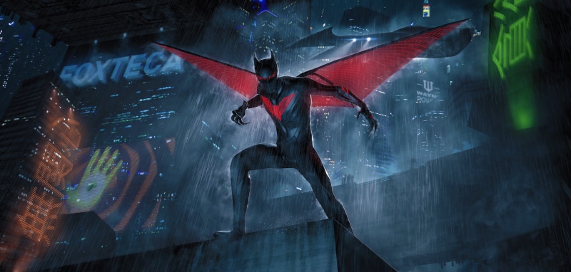 Batman Beyond in a rainy futuristic city