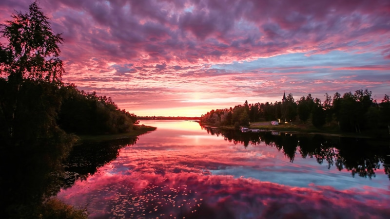 Pink and purple sunset over a calm lake with trees