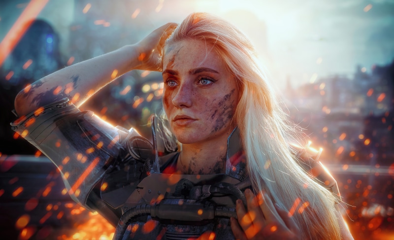 Woman with blonde hair and battle scars