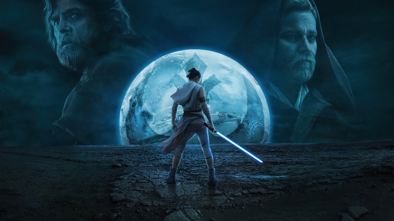 Rey from Star Wars with Luke Skywalker and Obi-Wan Kenobi
