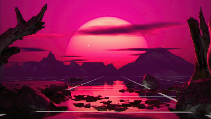 Retrowave landscape with a large sun and mountains