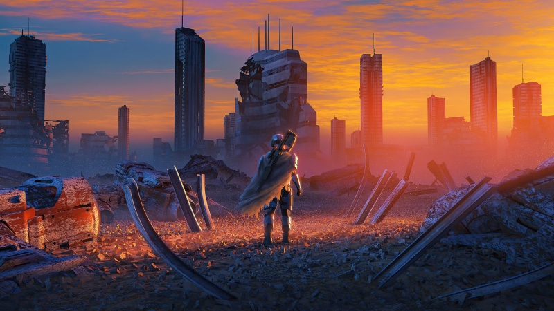 Figure in a destroyed city at sunset