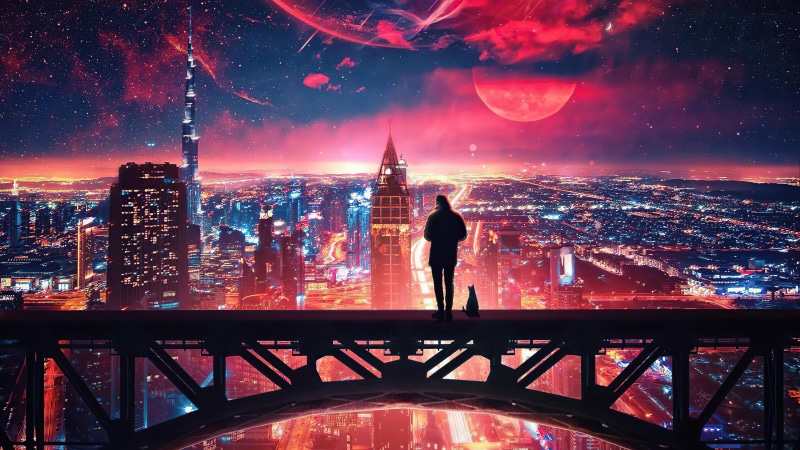 Person and cat overlooking a futuristic city at night