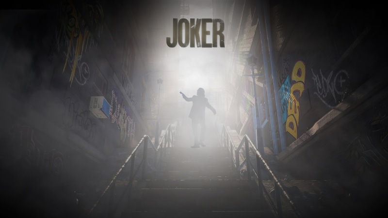 Joker in a foggy alleyway