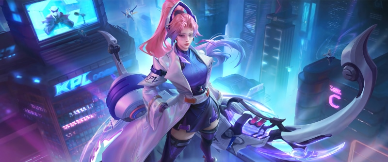 Honor of Kings KPL character with scythe in futuristic city