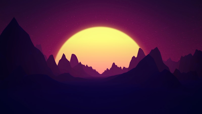 Retrowave mountains with a large sun