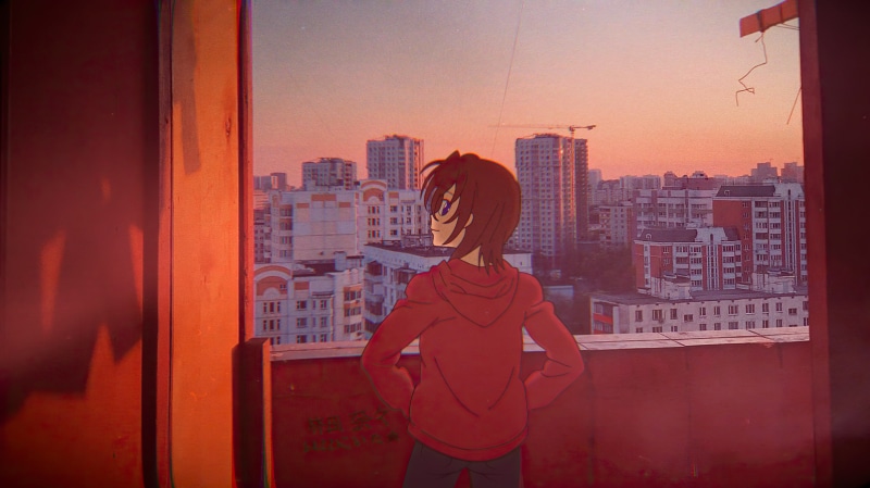 Anime girl in red hoodie looking at city skyline at sunset