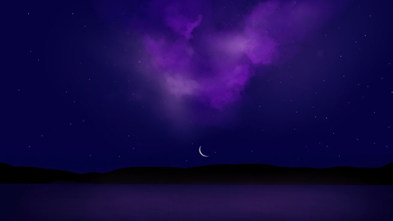 Purple nebula over a dark landscape and water