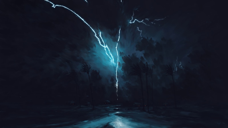 Lightning strike over a dark landscape