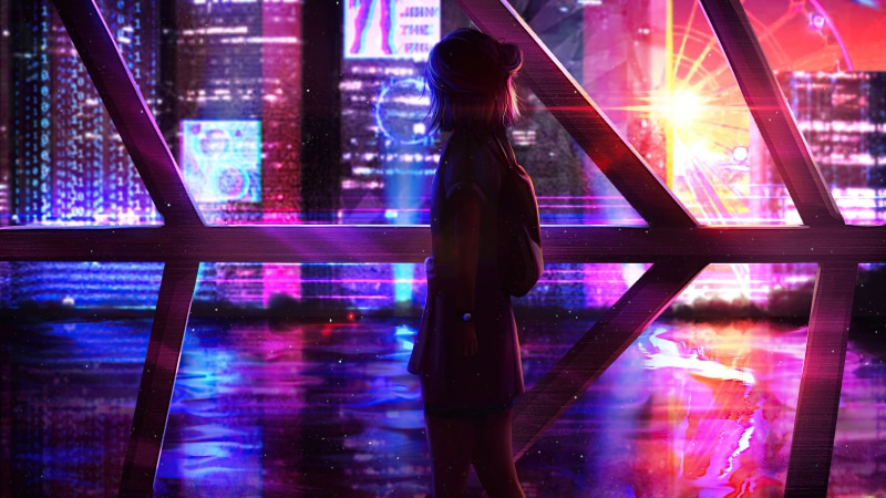 Girl in cyberpunk city by a lake