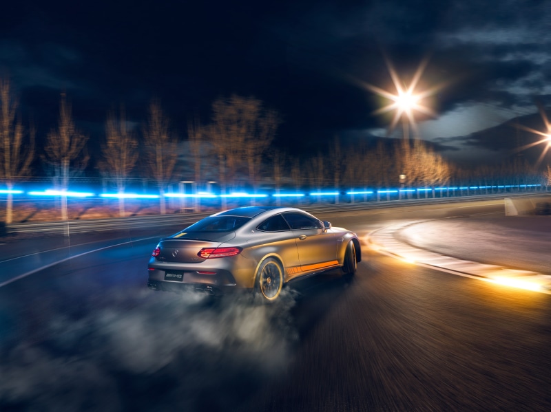 Mercedes-AMG C63 Coupe drifting at night