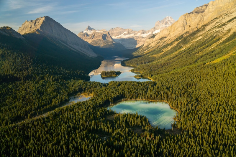 Aerial view of lakes and mountains in Alberta, Canada