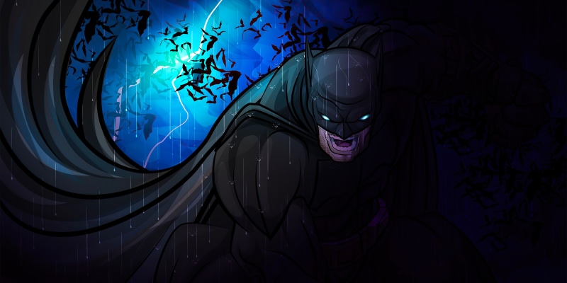 Batman in the rain with bats