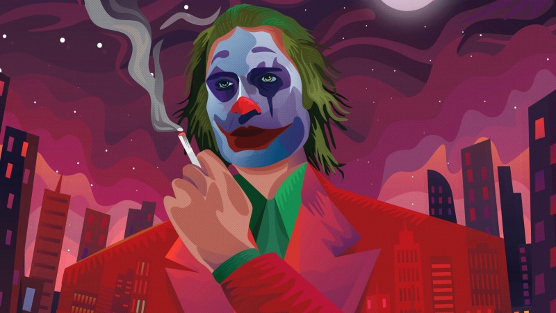 Joker smoking a cigarette in a stylized city at night