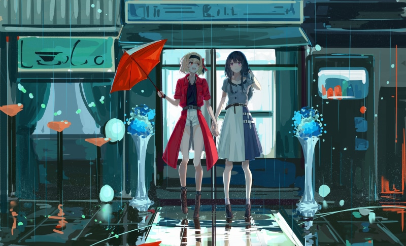 Two girls from Lycoris Recoil in the rain