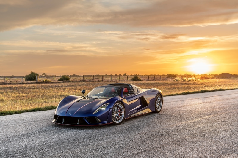 Blue Hennessey Venom F5 Roadster at Sunset