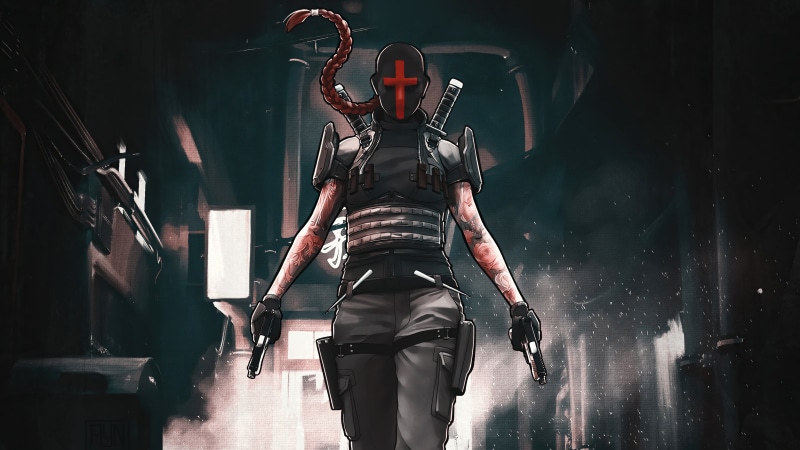 Woman with red cross mask and guns