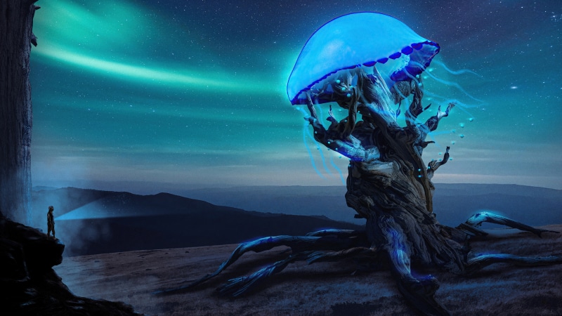 Fantasy Tree with Jellyfish Head and Aurora