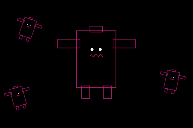 Minimalist pink robots on black background