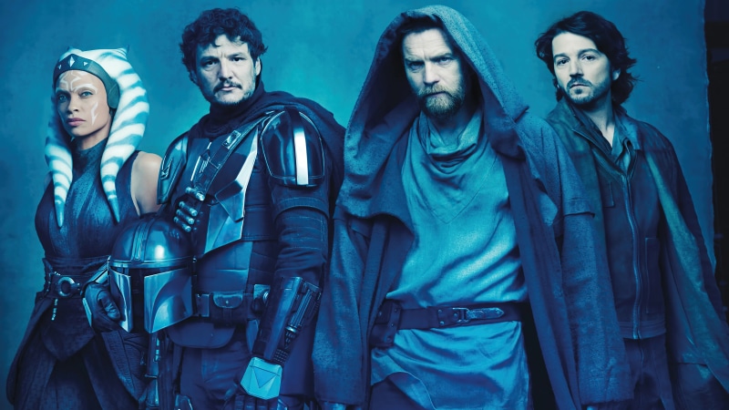 Star Wars characters: Ahsoka, The Mandalorian, Obi-Wan Kenobi, and Cassian Andor