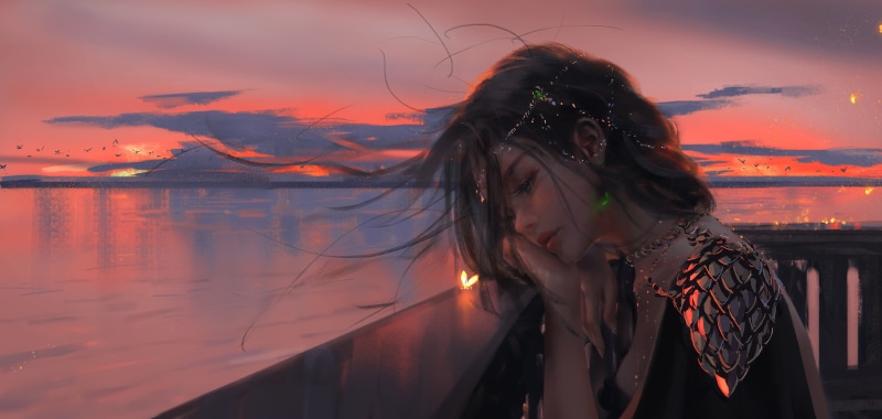 Fantasy girl by a lake at sunset