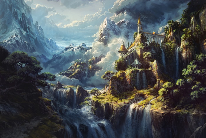 Fantasy Castle Amidst Mountains and Waterfalls