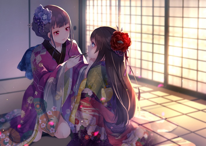 Kimono Girls Applying Makeup in Sunlight