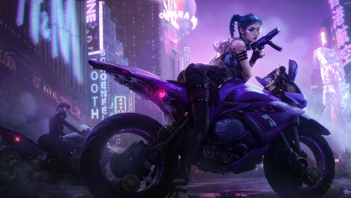 Armed Cyberpunk Woman on Futuristic Purple Motorcycle