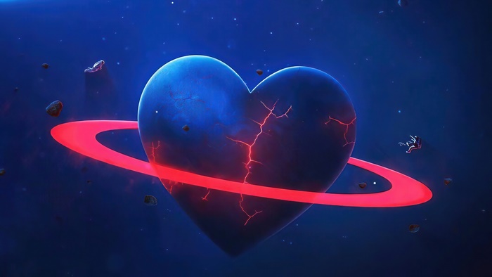 Artistic Heart Planet with Glowing Red Ring and Cracks