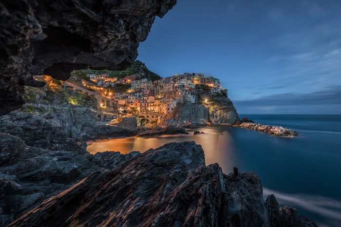 Picturesque Manarola, Cinque Terre at Night from a Cave