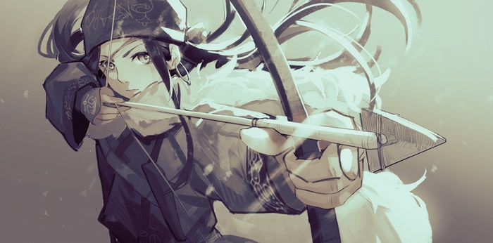 Asirpa aiming bow and arrow, Golden Kamuy